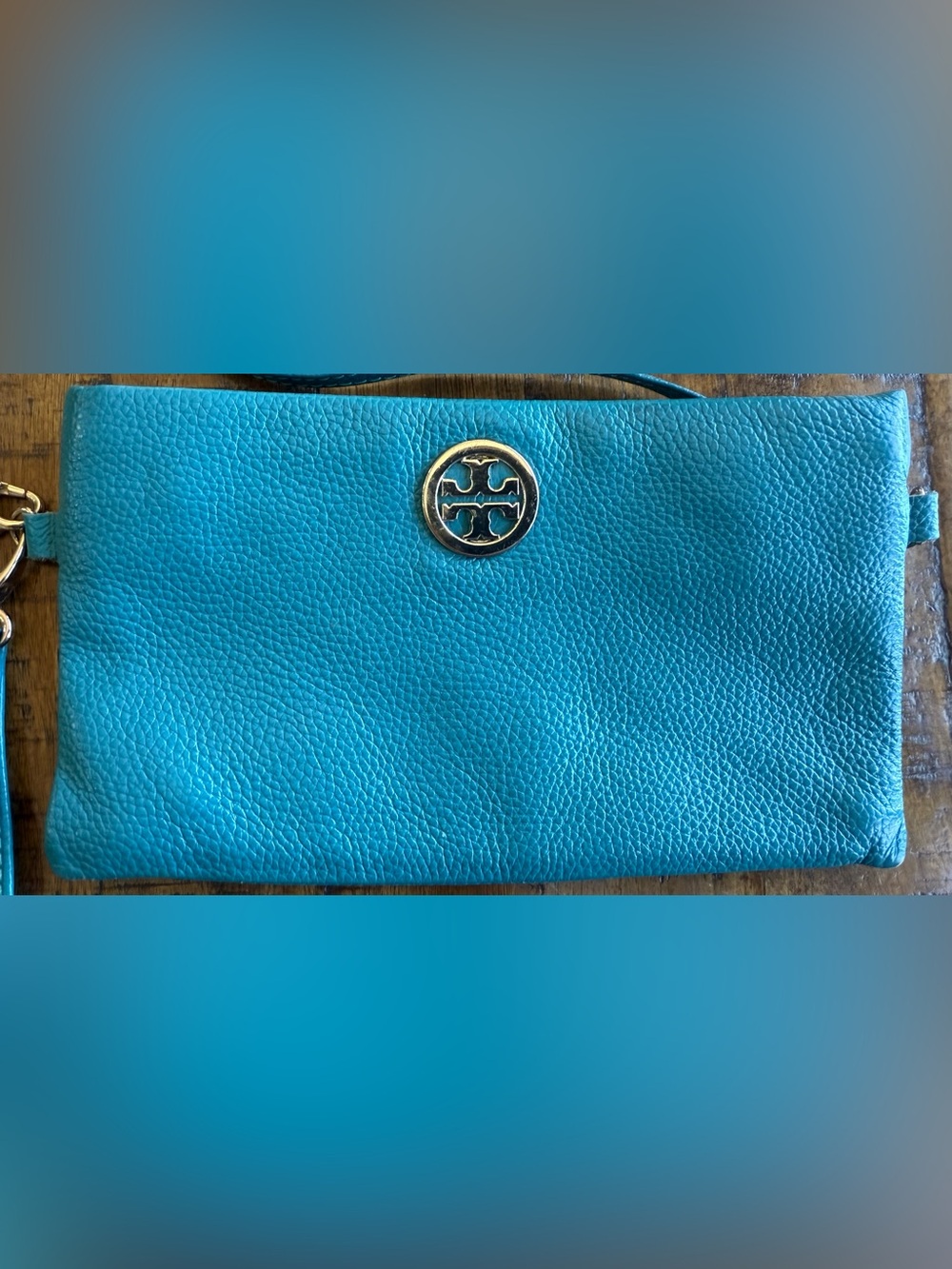Tory Burch Teal Crossbody Phone Bag Gold Logo Travel School Brunch Weddings - Picture 3 of 10